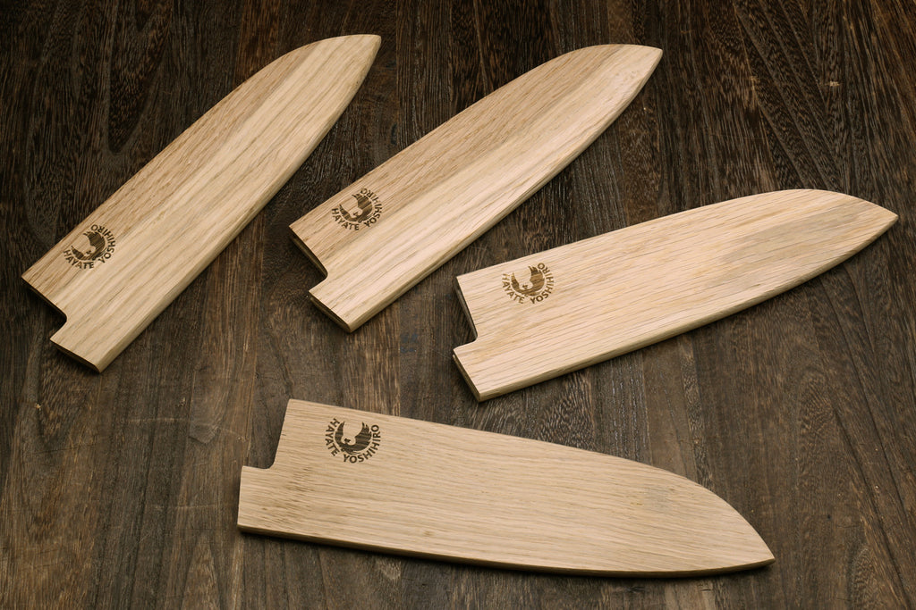 Set of oak wood saya cover blade protectors for santoku knives with cutout notches