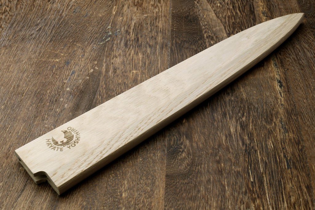 Yoshihiro magnetic oak saya cover, long pale wood sheath with engraved logo