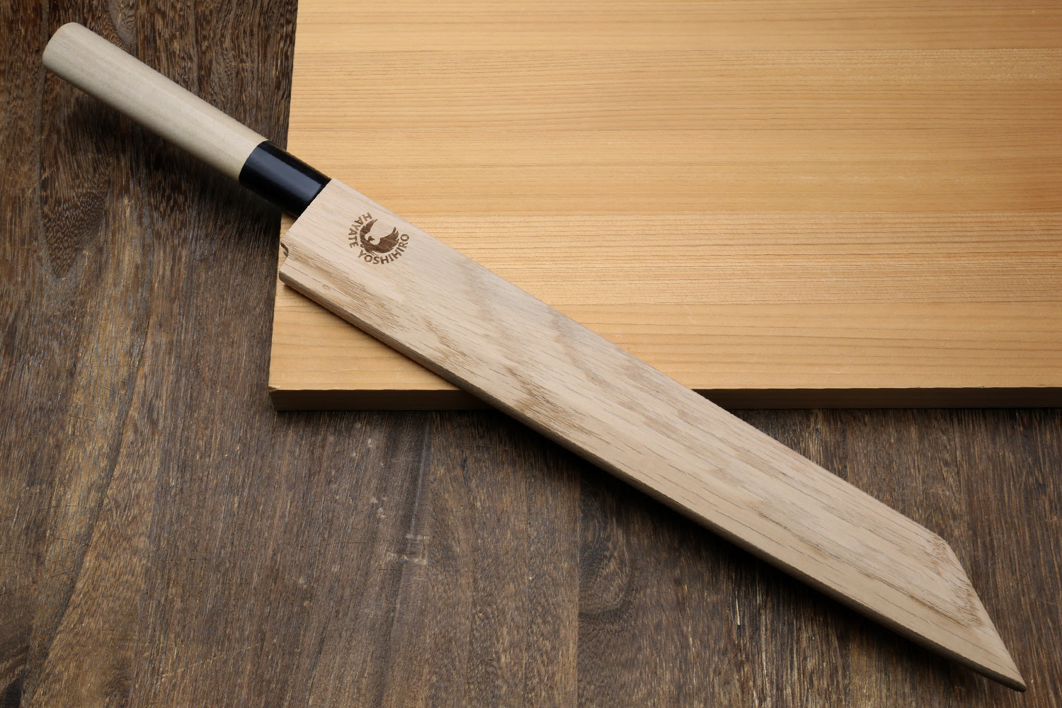 Wooden saya cover with magnetic-style fit, light oak and dark end band