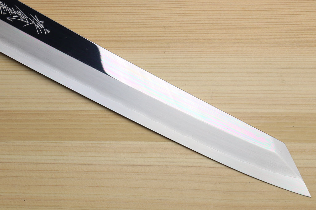 Polished stainless yanagi knife blade with sharp pointed tip