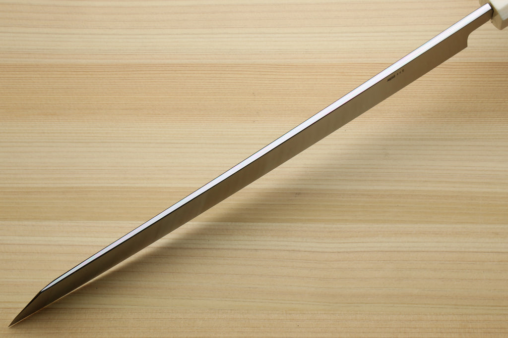 Japanese yanagi sushi knife with polished stainless blade and ivory handle