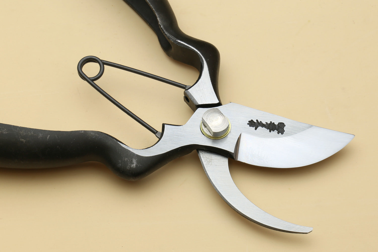Close-up pruning shears with white blades, serrated cut edge, and pivot bolt