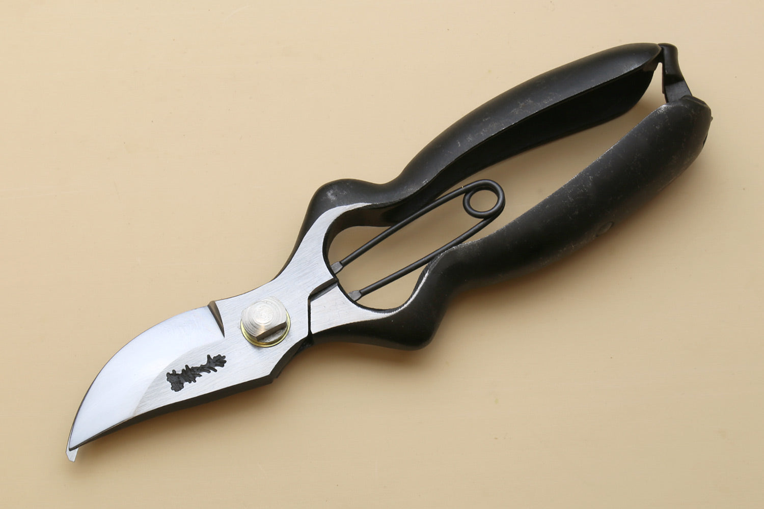 Pruning shears with white blade, metal pivot cap, and black ergonomic handles
