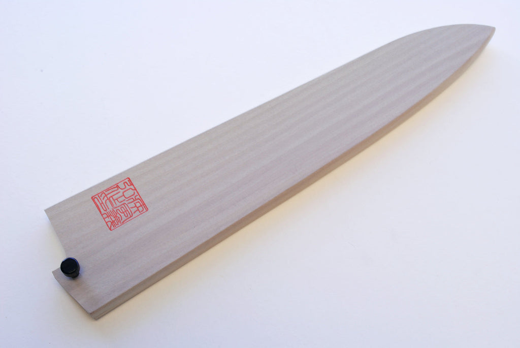 Natural wood knife saya cover with curved tip and blue end knob