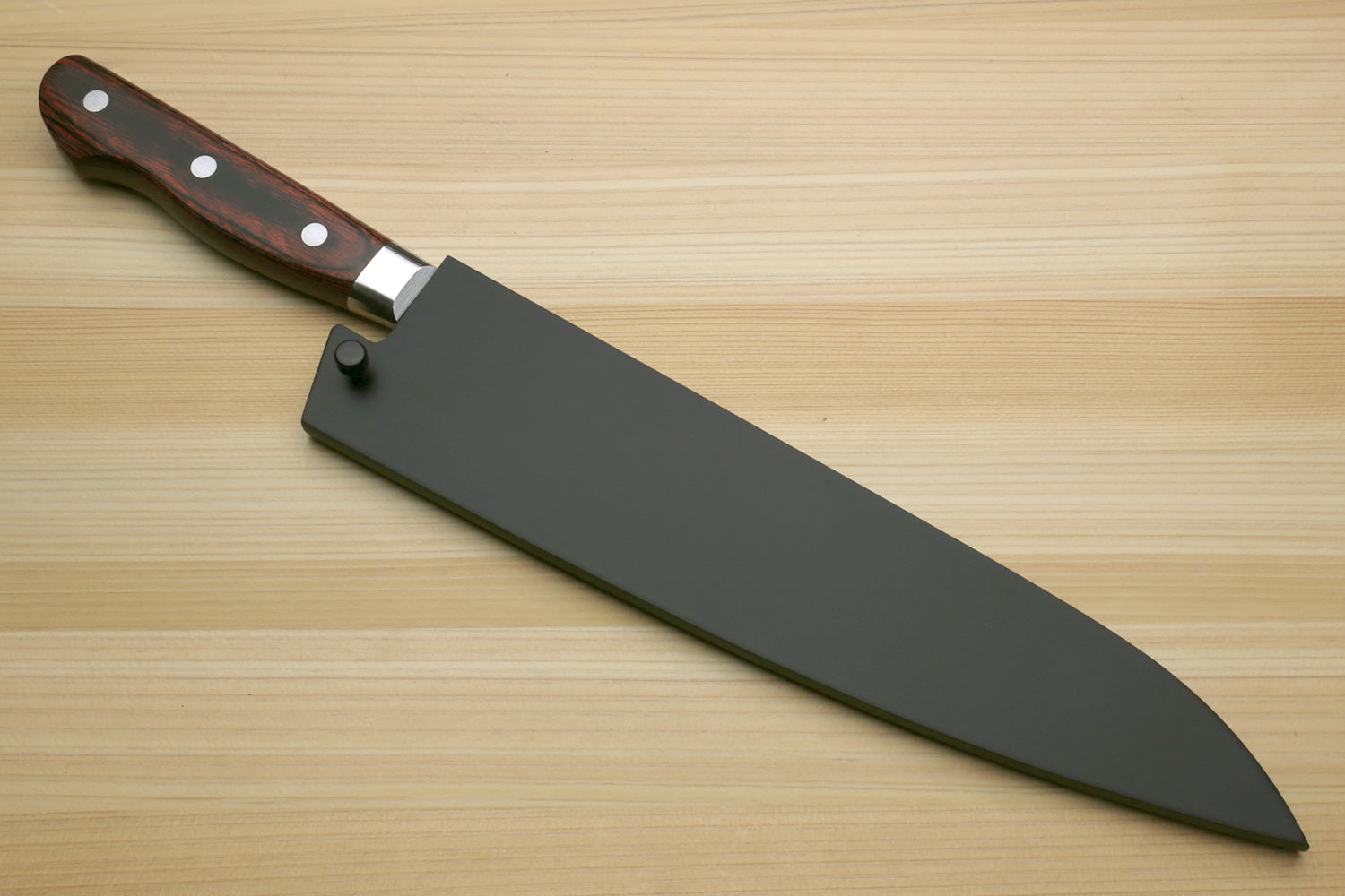 Damascus gyuto chef knife with black blade cover and dark wood handle