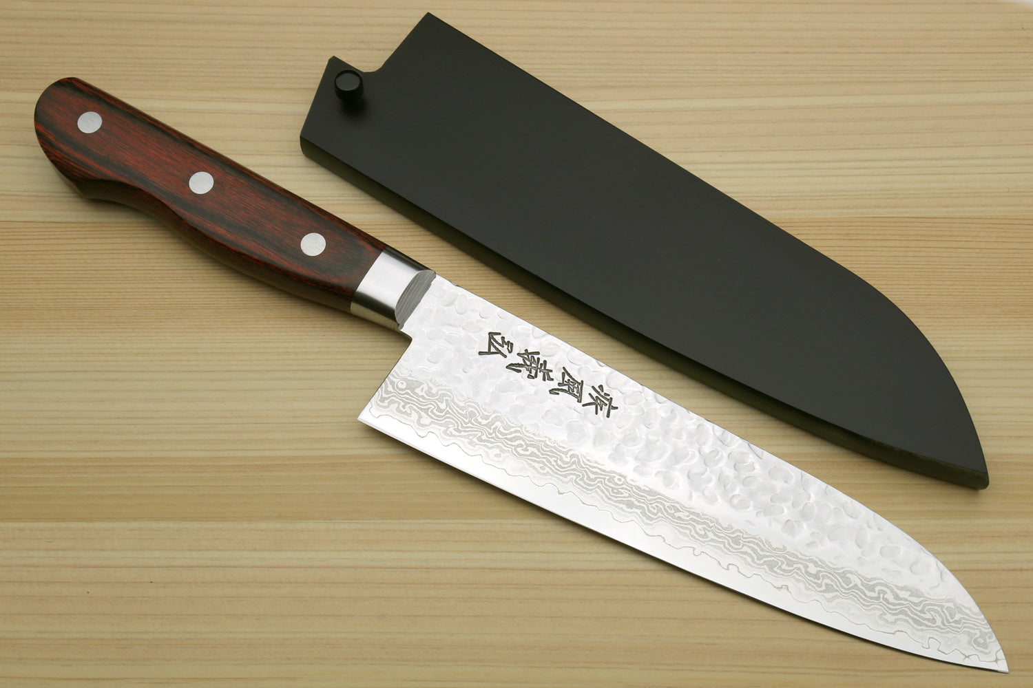 Santoku chef knife with black sheath (saya) and Damascus-style blade