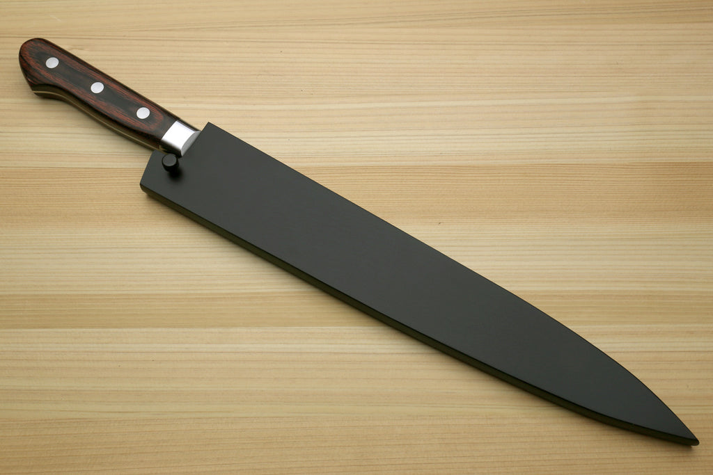 Sujihiki chef knife with black sheath (saya) and hammered Damascus blade