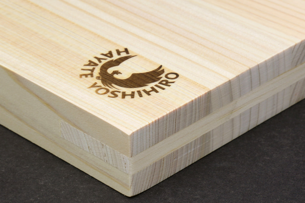 Japanese cypress cutting board corner with Yoshihiro logo and squared edges