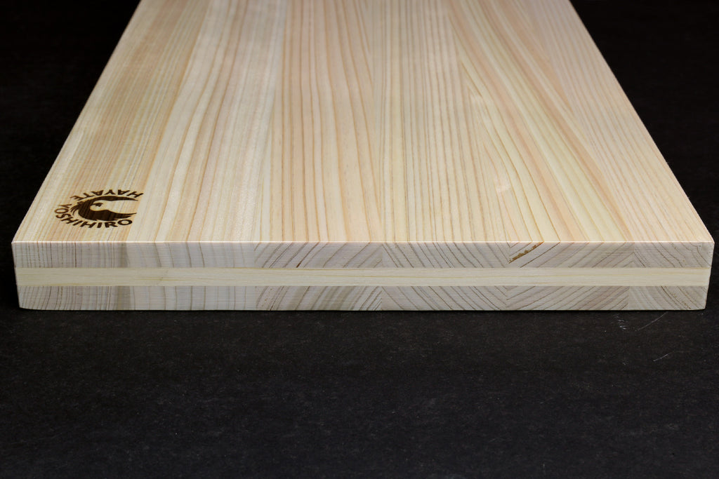 Japanese cypress cutting board top with wood grain and small Yoshihiro logo