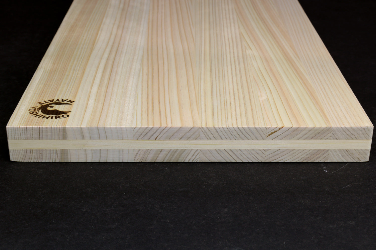 Japanese cypress cutting board top with wood grain and small Yoshihiro logo