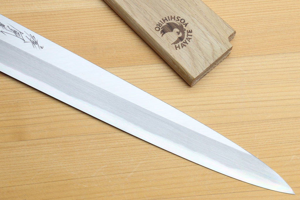 Sashimi knife blade, polished silver steel with a long, pointed cutting edge