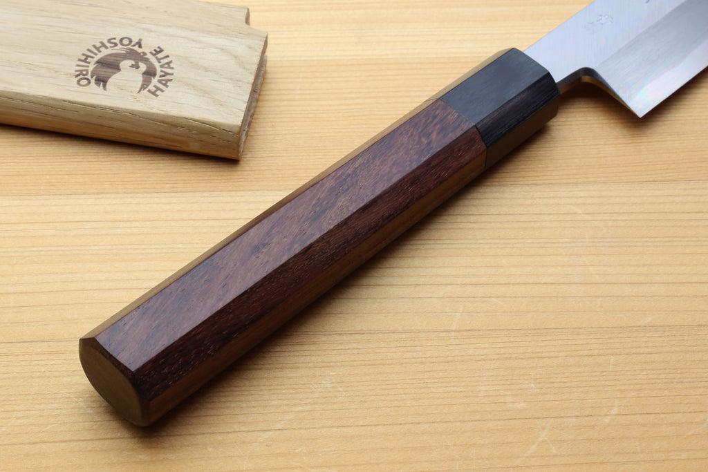 Yanagiba sashimi knife with rosewood handle and dark spacer, silver steel blade