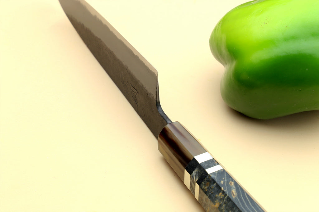 Petty utility knife with blue steel blade and wood handle