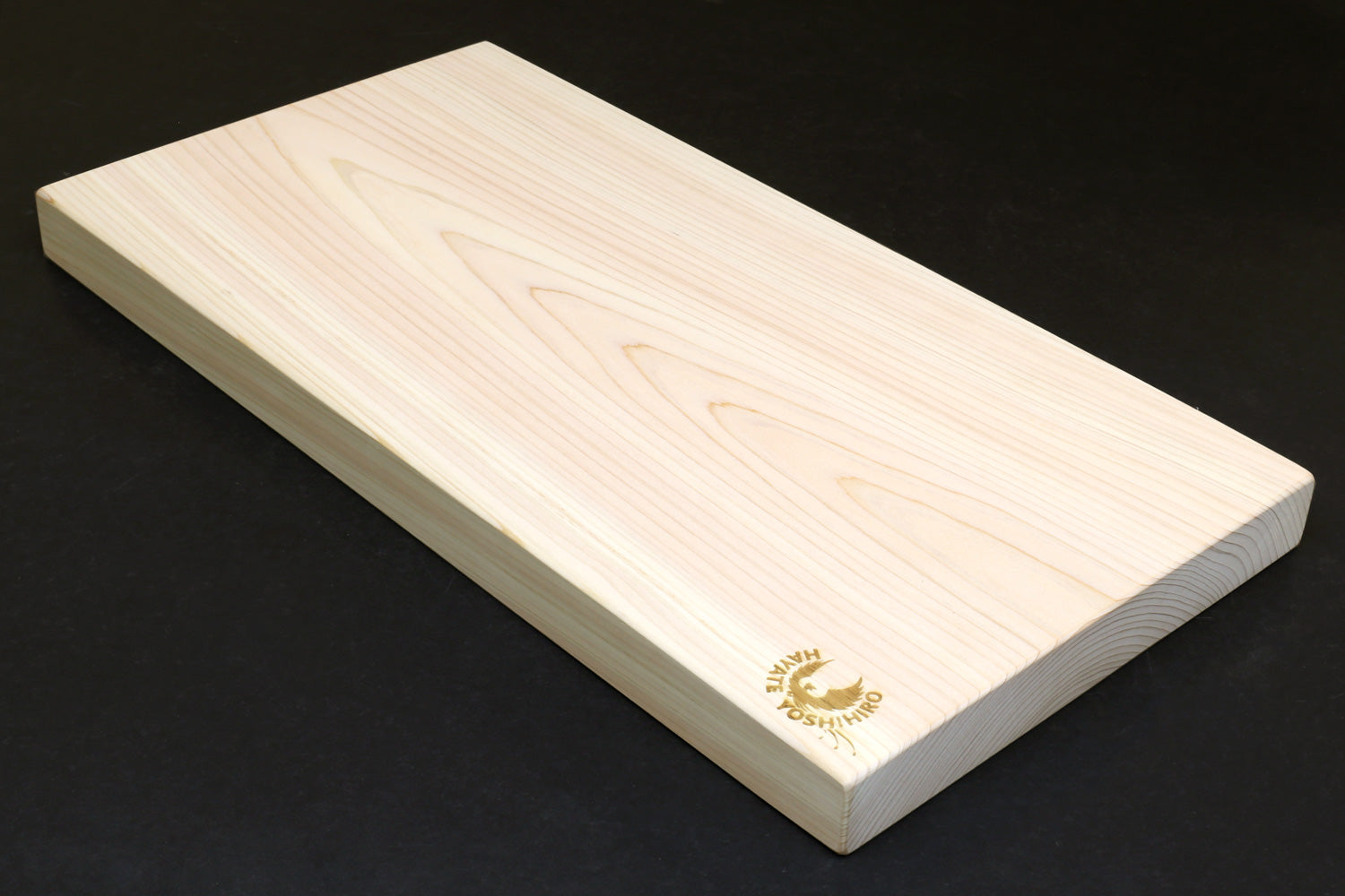 Hinoki Japanese cypress cutting board, one-piece plank with engraved gold logo