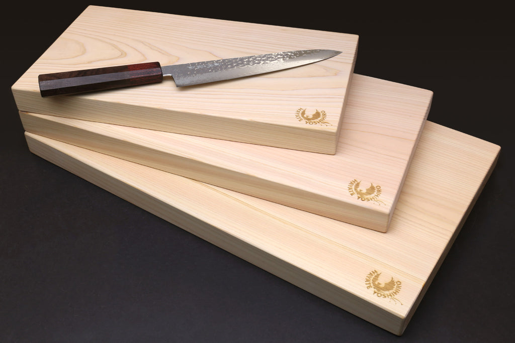 Hinoki cypress cutting board with knife, stacked one-piece planks with gold logos