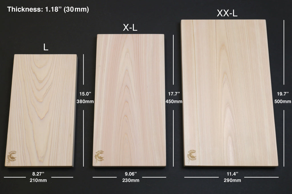 Hinoki cypress cutting board size chart: thickness 1.18 in (30mm) with dimensions