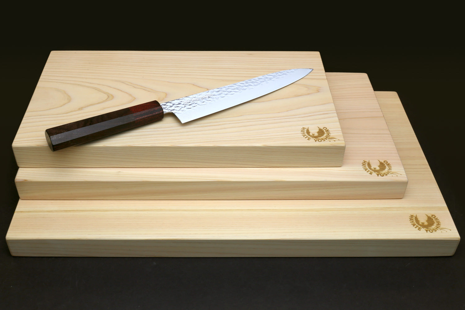Hinoki cypress cutting board with knife, layered one-piece boards with gold logos