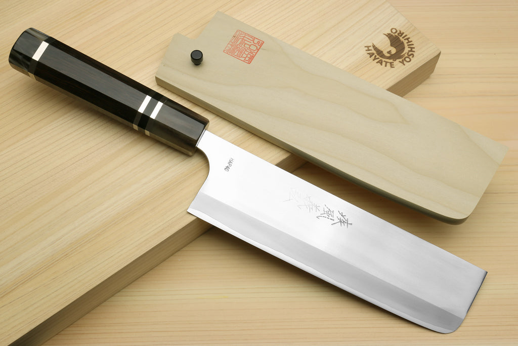 3-piece Japanese knife set with dark octagonal handles and engraved blades with saya