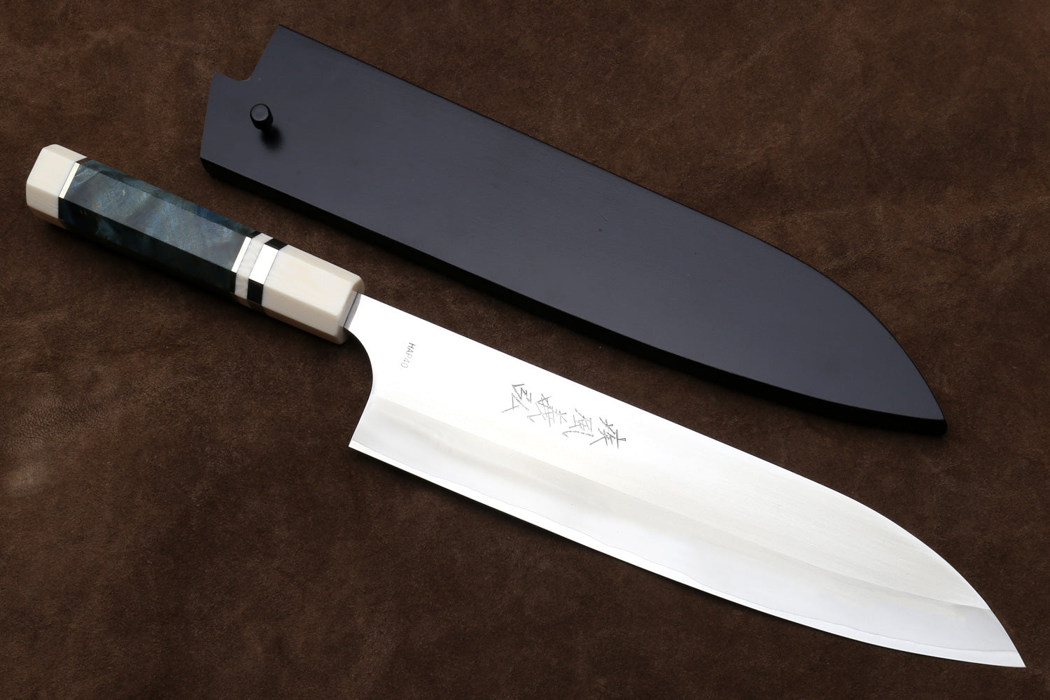 HAP40 gyuto chef knife with octagonal ivory handle, dark bolster, 260mm blade
