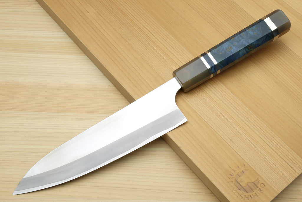 Gyuto chef's knife with ocean blue handle and magnolia wood saya