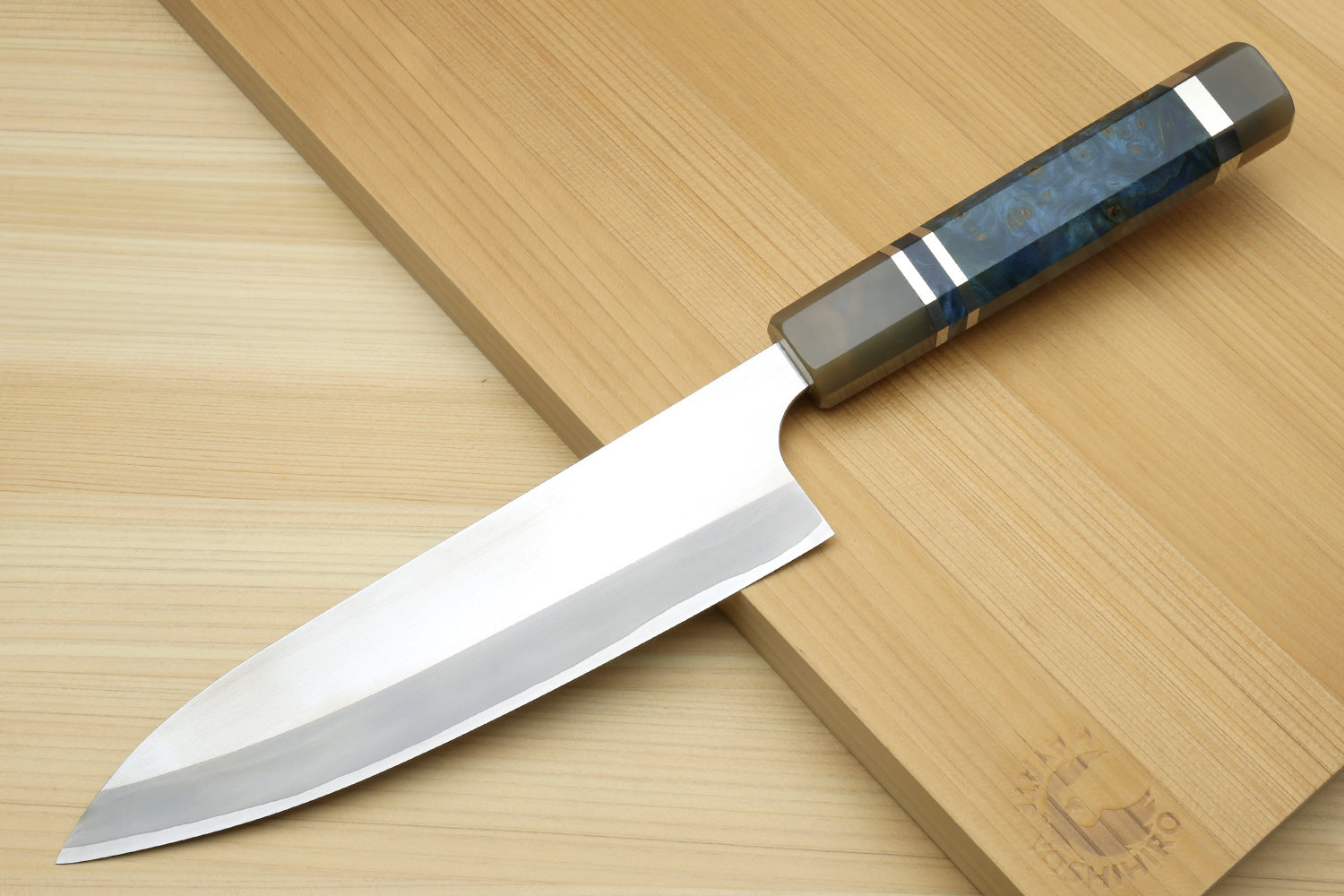 Gyuto chef's knife with ocean blue handle and magnolia wood saya