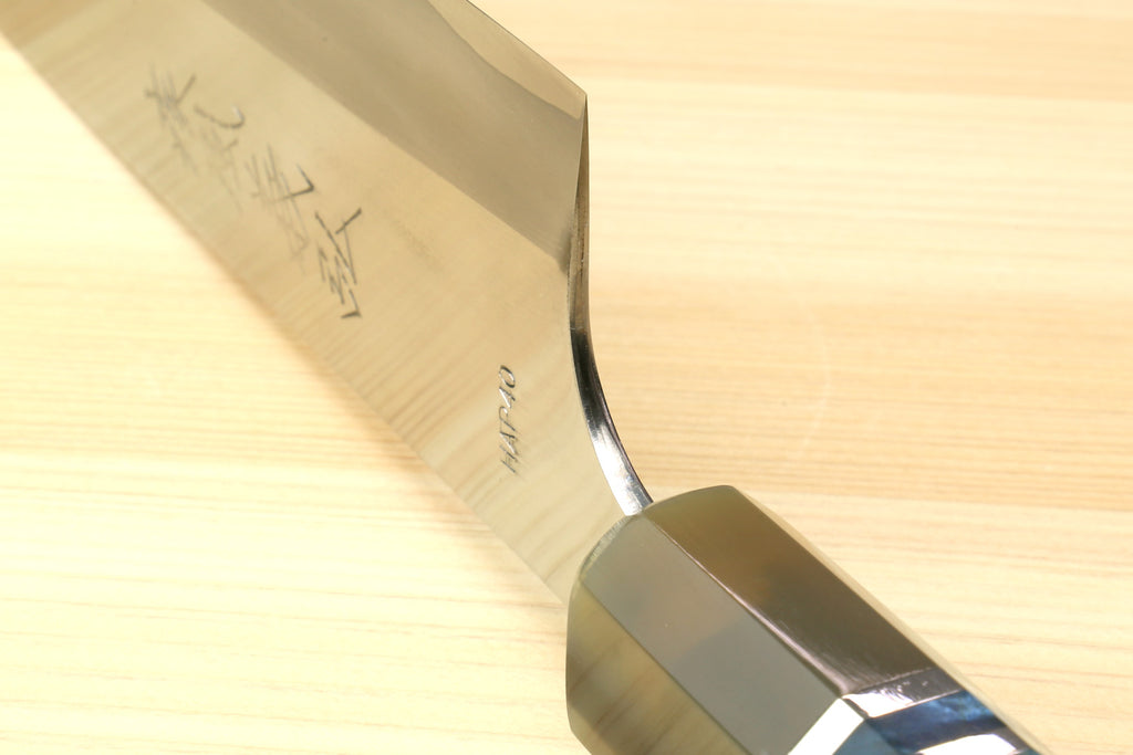 Gyuto chef's knife with blue patterned handle and curved blade heel