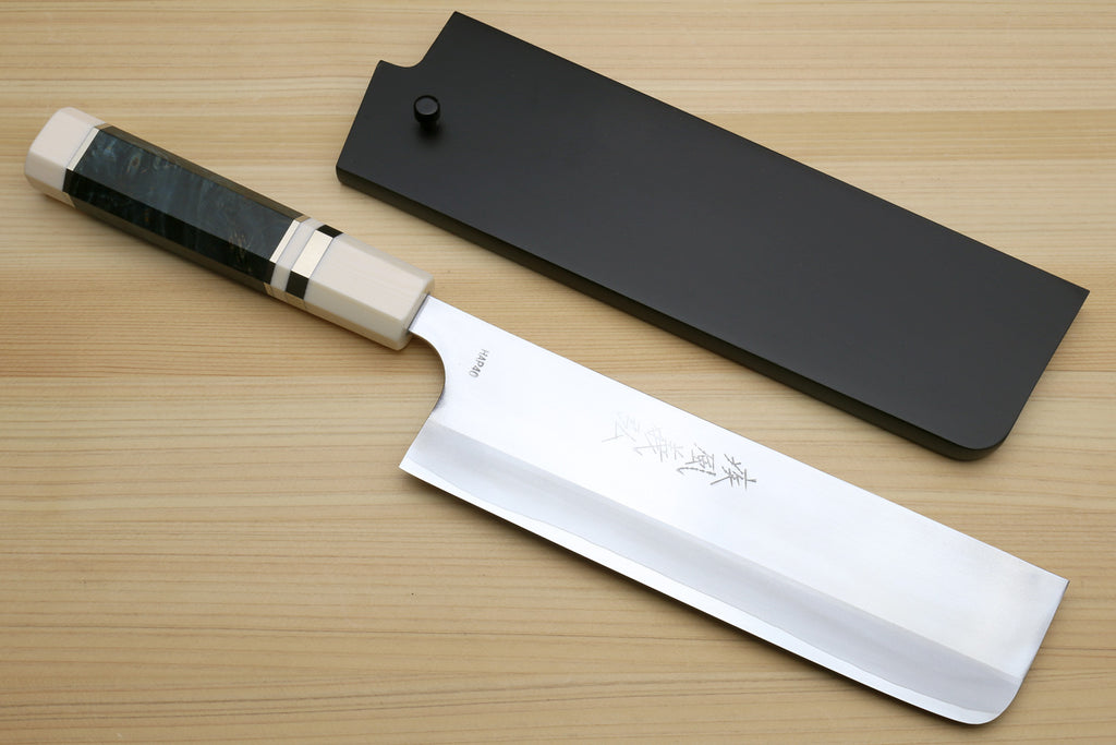 Nakiri vegetable chef knife with dark handle, ivory bolster, and black blade guard