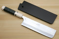 Nakiri vegetable chef knife with dark handle, ivory bolster, and black blade guard