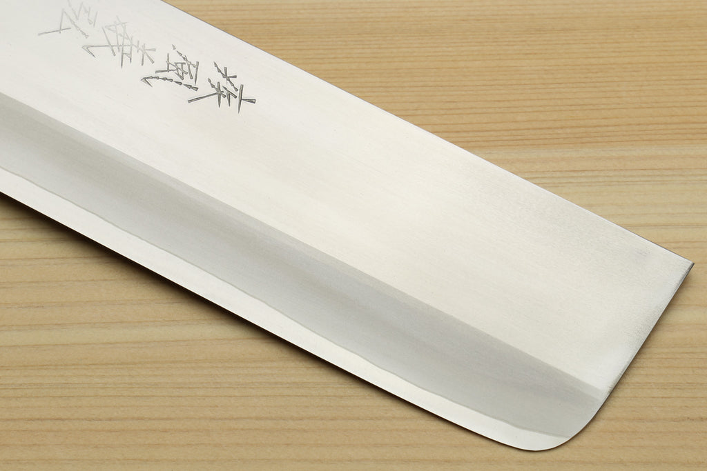 Nakiri vegetable chef knife blade edge and etched markings