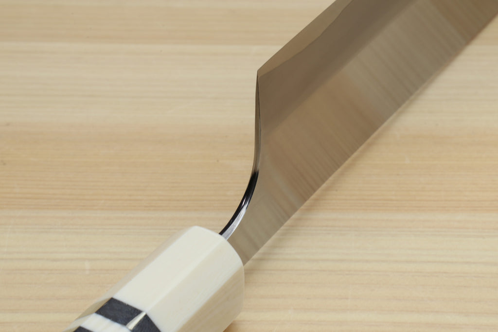 Nakiri chef knife with ivory handle bolster and curved blade heel