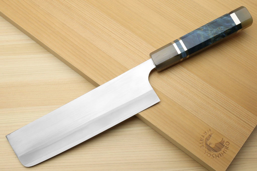 Nakiri chef’s knife with silver blade and ocean blue handle, in magnolia saya
