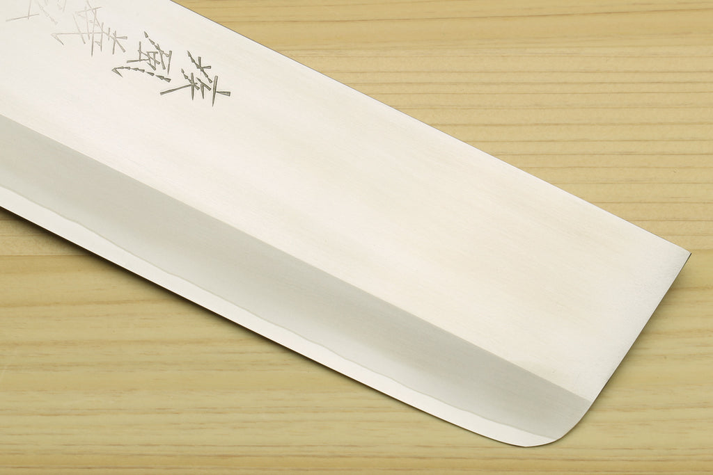 Nakiri vegetable chef knife blade with pointed tip and stamped characters
