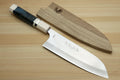 Santoku chef's knife with wooden saya and silver blade with etched text
