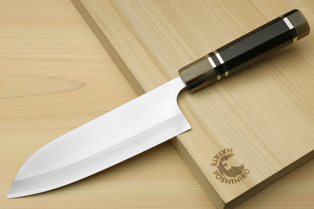 Santoku chef knife with ebony octagonal handle and long blade, with wooden saya
