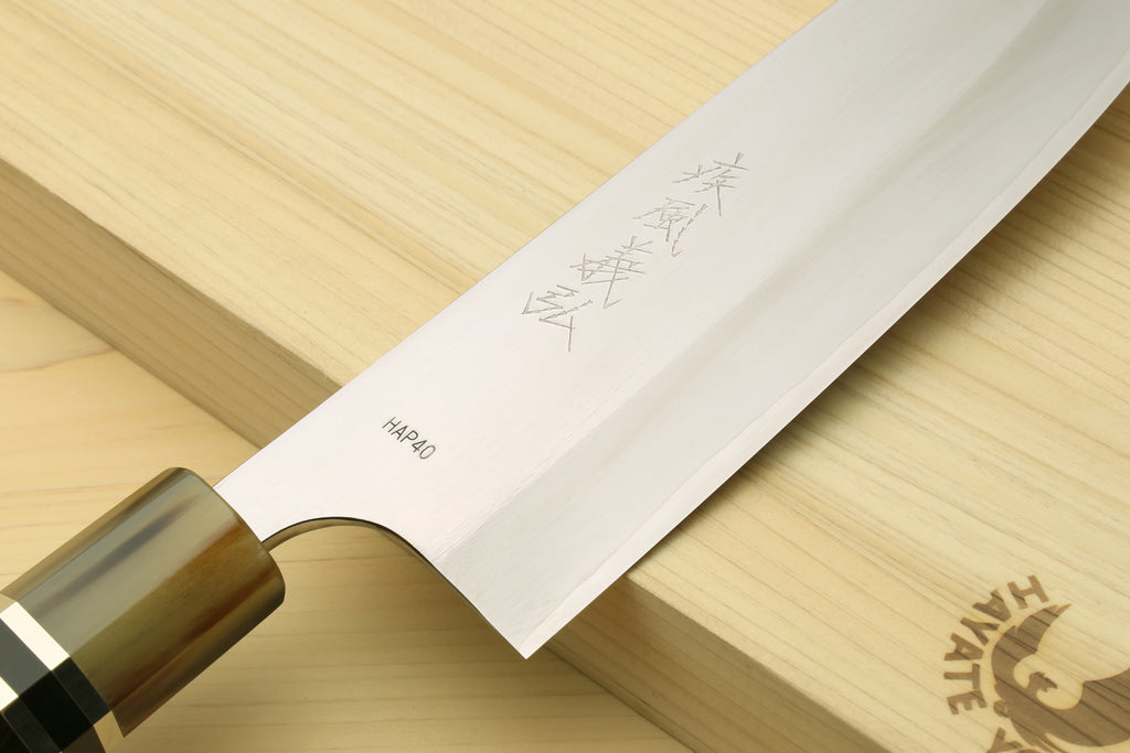 Santoku chef knife with HAP40 stainless blade and ebony octagonal handle, triple rings