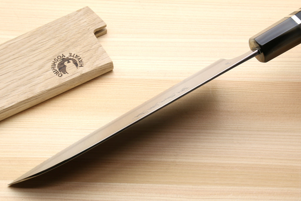 Santoku knife with ebony octagonal handle and wooden saya, curved cutting edge