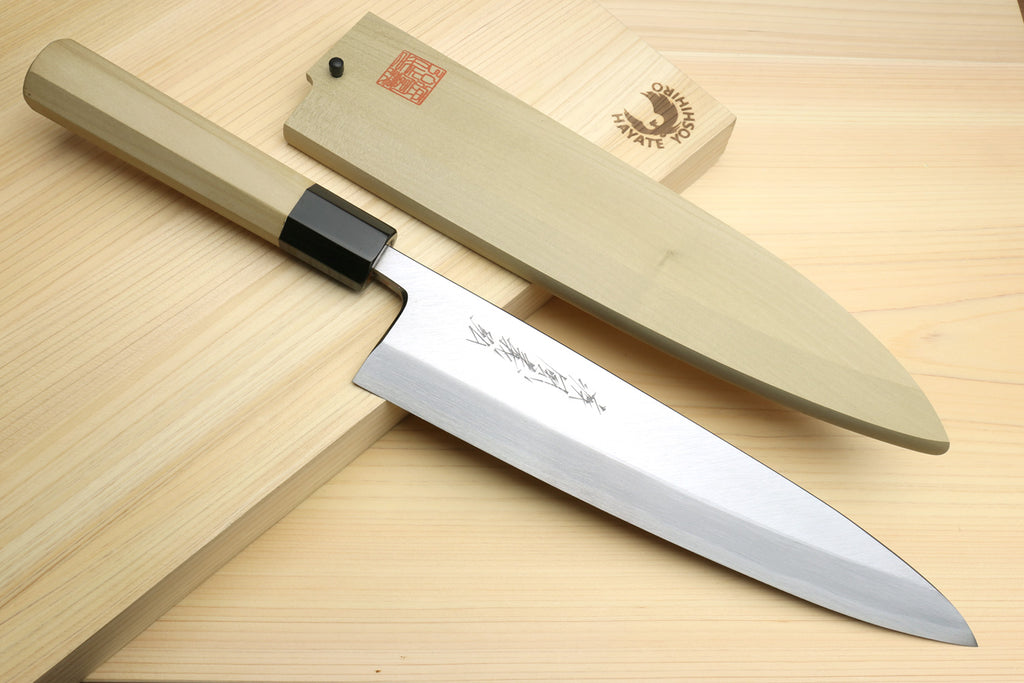 Japanese sushi and sashimi knife set, silver blade with black bolster and light wood handle