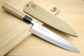 Japanese sushi and sashimi knife set, silver blade with black bolster and light wood handle