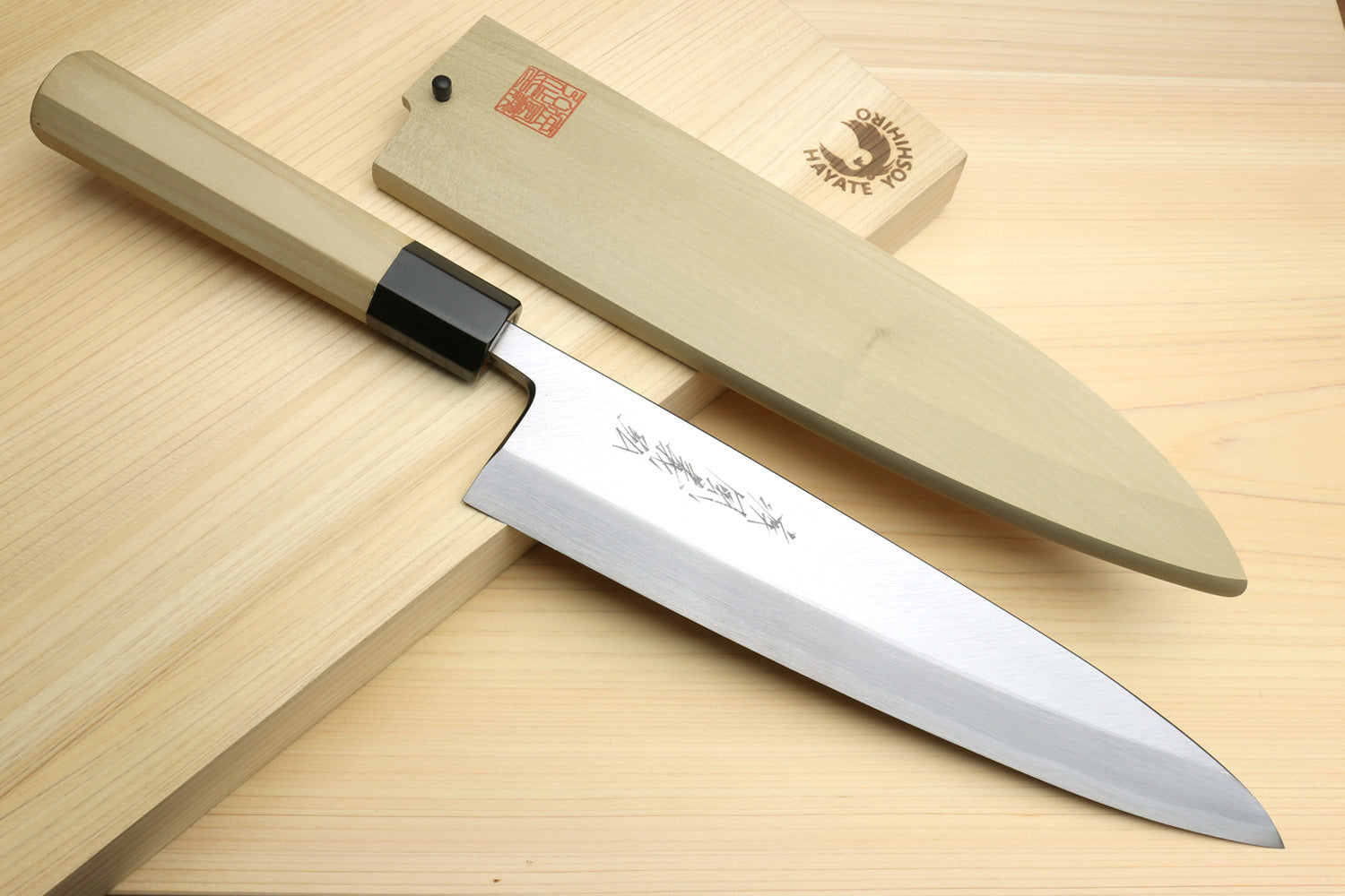 Japanese sushi and sashimi knife set, silver blade with black bolster and light wood handle