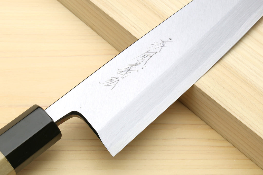 Japanese sushi and sashimi knife, long silver blade with etched markings, black bolster