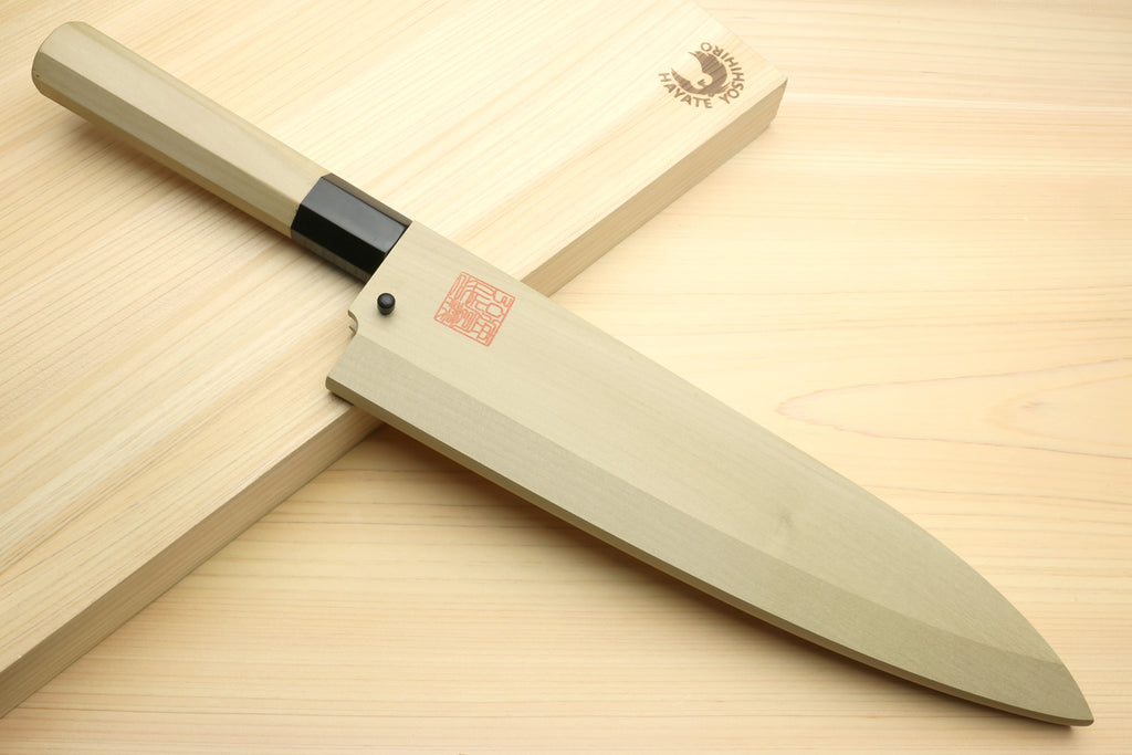 Japanese sushi knife on a wooden stand, black bolster, light wood octagonal handle, silver blade