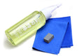 Rust eraser set: green oil bottle, blue polishing cloth, gray eraser block