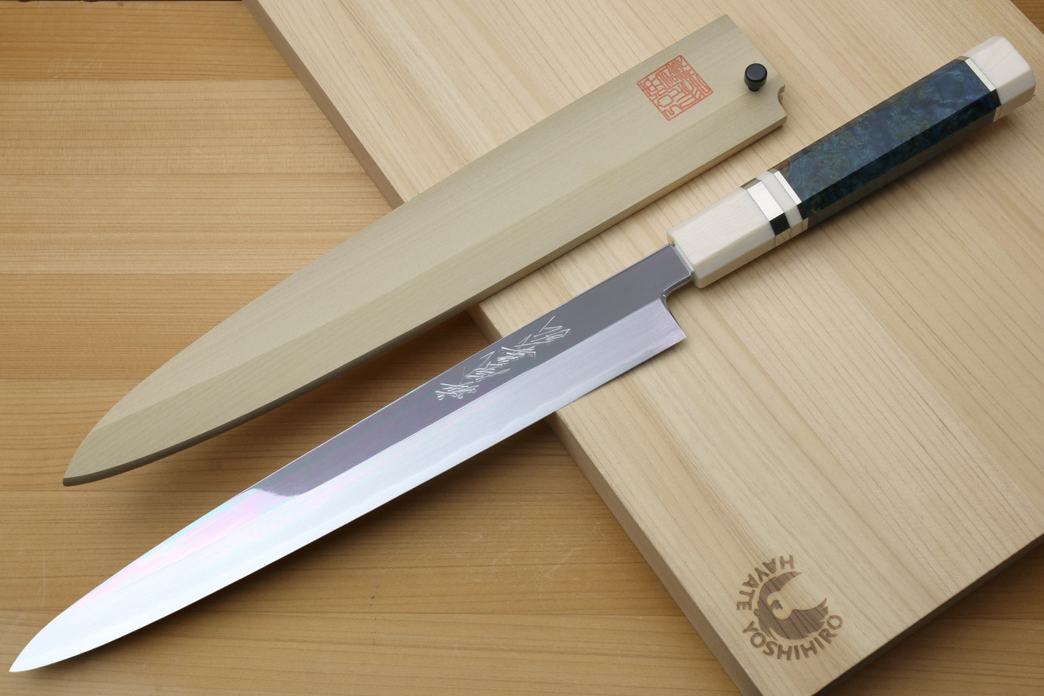 Set of left-handed yanagi knives: white steel blades and ivory handles on board