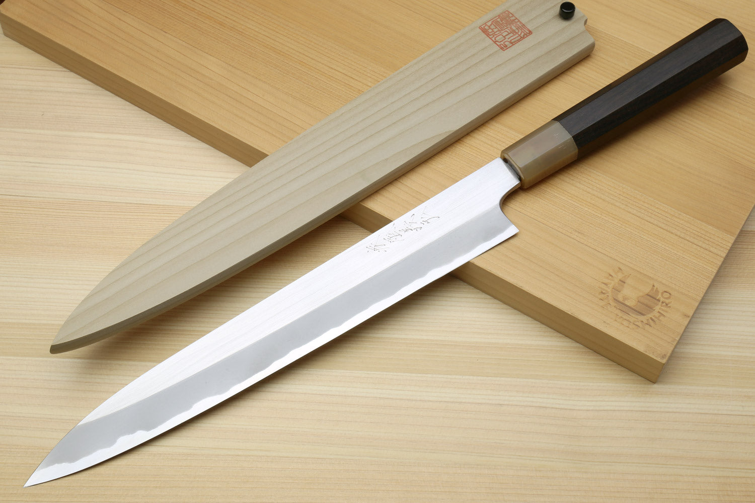 White steel yanagiba sushi knife with ebony handle, full blade view