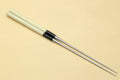 Single sushi plating tweezers with light wooden handle, black band, stainless tips
