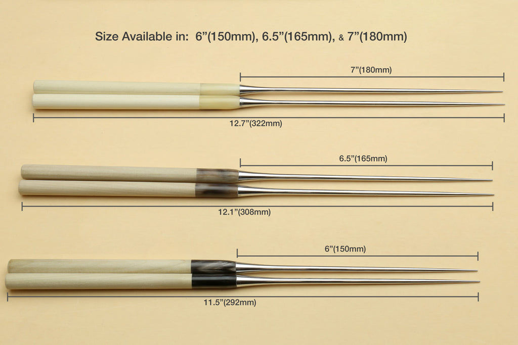 Sushi plating tweezers size guide graphic showing handle and tip lengths