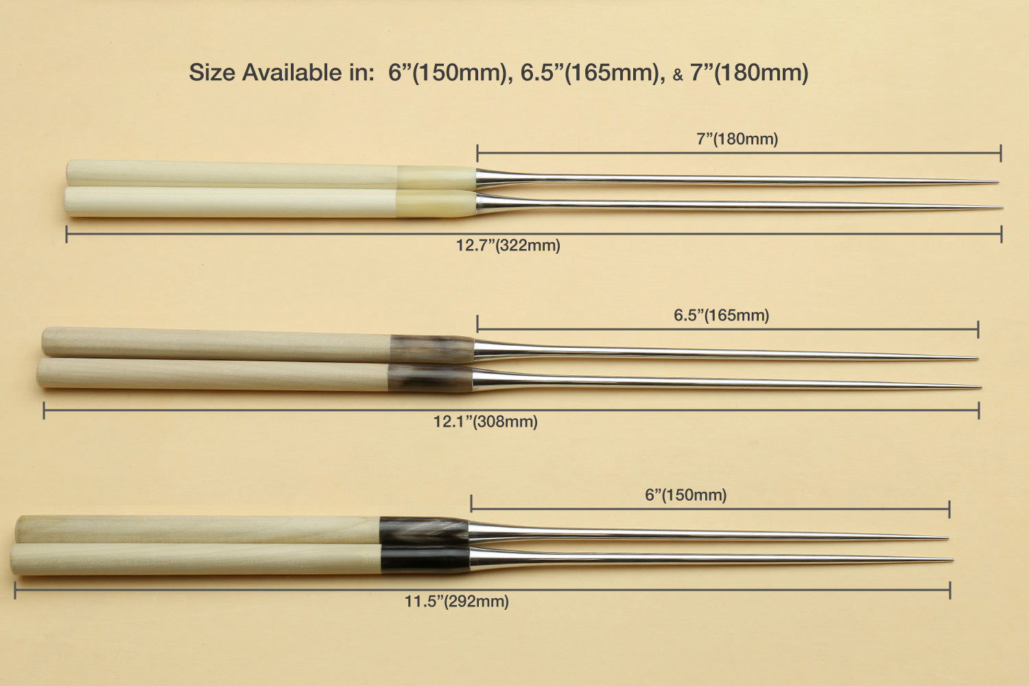 Sushi plating tweezers size guide graphic showing handle and tip lengths