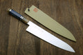 Gyuto chef knife with ocean blue handle, stainless blade and wooden saya