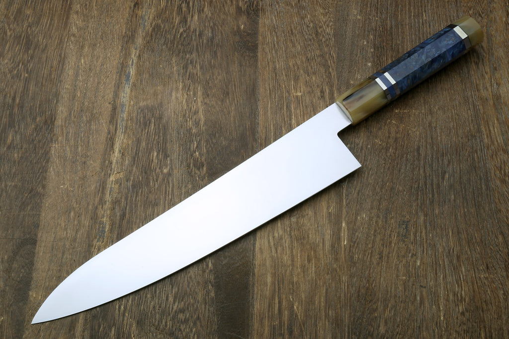 Stainless gyuto chef knife with ocean blue handle and long curved blade