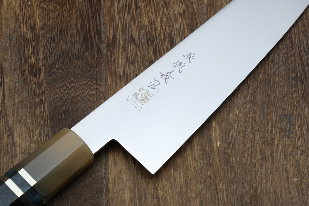 Ice-hardened stainless gyuto chef knife with ocean blue handle